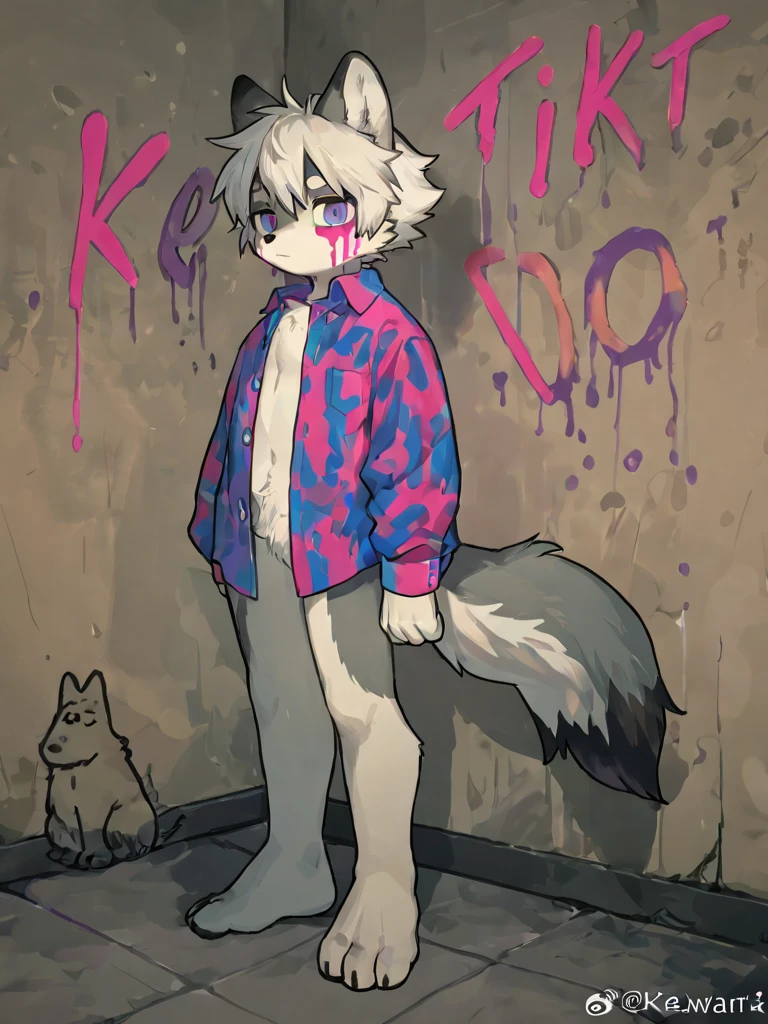 （4K，8k，best quality，meticulous details，DeliCate light，DeliCate short hair）Cat，white hair，There'a bit strange，black shorts，Big blue striped tail，Kneeling on the ground，Shota，Wrists covered with scars，Bloodshot eyes，Pink collar，crazy，In the subway station，Red filter