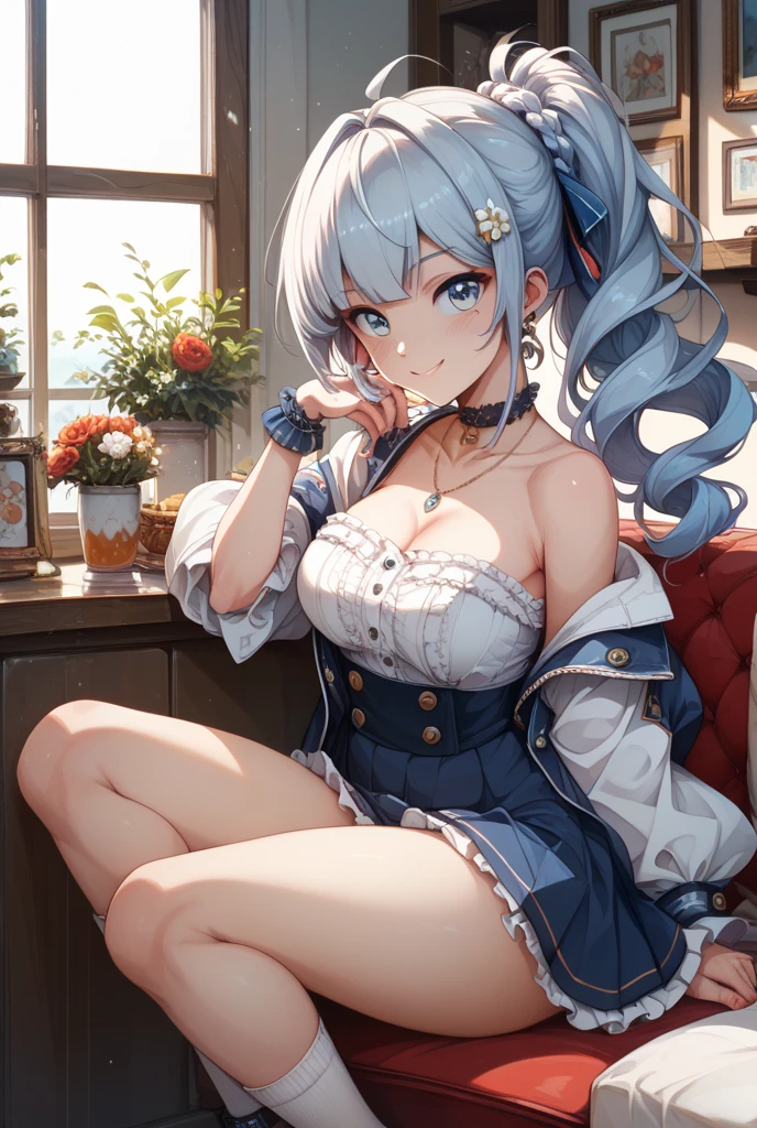 （Enrich the picture，Masterpiece level quality）,Beautiful 8K CG artwork,1girl,solo,morgan le fay (fate),detailed face, perfect face, perfect eyes,blue eyes,Long Hair, pony tail,Very long hair, big boob, black bow,Hair Bow, thighs,side locks, French braid, grey hair,Slim and soft,big breasts,