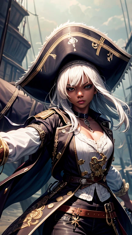 young girl, caribean pirate captain, black skin, white hair, evil look, ripped clothes,combat stance, wielding a sword, long pirate coat, pirate hat, highly detailed, vibrant appearance, creative behavior, extremly detailed, imaginative, sensual, spontaneous, highest quality, skin texture, intricate details, (cinematic lighting), RAW photo, 8k, masterpiece,best quality,ultra-detailed,very detailed illustrations,extremely detailed,intricate details,highres,super complex details,extremely detailed 8k cg wallpaper,