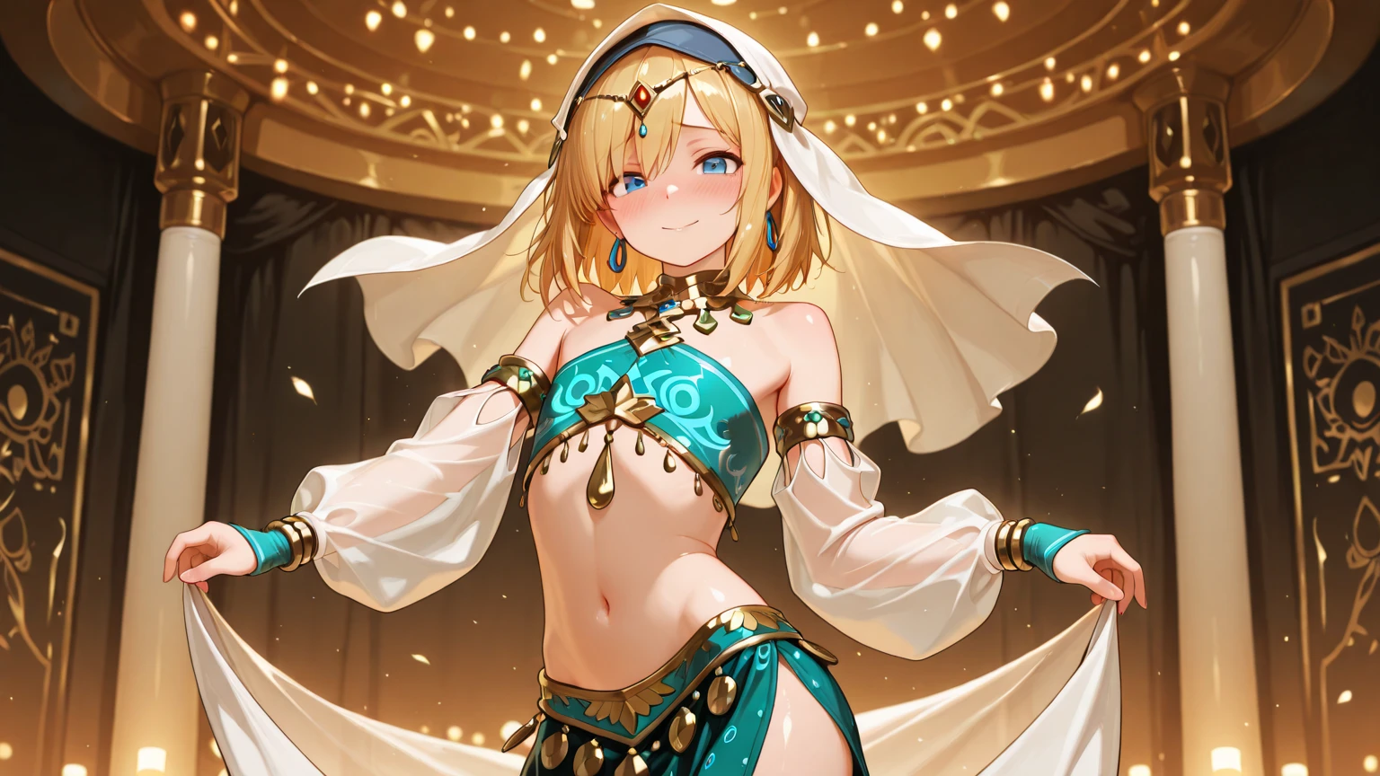 ((kinako (shiratama mochi) style)), colorful eyes, soft style, masterpiece, solo, 1 girl, topless, large nipples, nipples, white sarong, harem outfit, semi transparent skirt, beautiful art, vibrant, flat chests, desert, tent, platinum blonde hair, dancing, different poses, narrow waist, slender legs, hairband, jewely, necklace, bracelet, white mouth veil, veil, headdress, navel, thigh strap, abstract, night, moonlight, light hair, waist pouch, blue eyes, high angle shot, top view, black eyeliner, sparkling, winking, side view, arched back, flexible body, serene face, soft eyes, relaxed, calm, smiling, bonfire, enchanted, thin, ribcage, gold jewelry, morocco, date palm trees, carpet, people on cheering background, hoop bracelets, nipple piercing, (nr, nipple rings)
