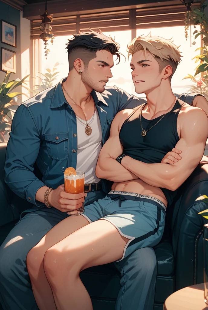 Young handsome white cute attractive man in a bar shirtless with a drink in his hand being lifted by a friend with a black hat and black clothes on his arm, carrying him to bed because his friend is already drunk