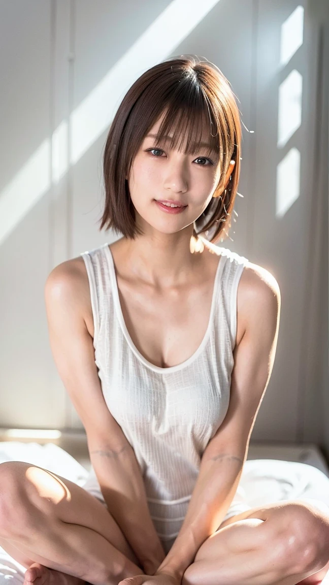 Highest quality、、 Compensate、masterpiece、Ultra-high resolution、Clear photos、Natural light、Very cute girl、The cutest Erina Mano、Baby Face、(Small breasts:1.6、Flat Chest:1.6)、Slender body、Tight waist、Very short bob cut、Brown Hair、smile、Delicate face、Beautiful Skin、(Naked and wearing a white apron:1.4)、slouch、Her cleavage is visible、kitchen、Head to knee photo:1.8