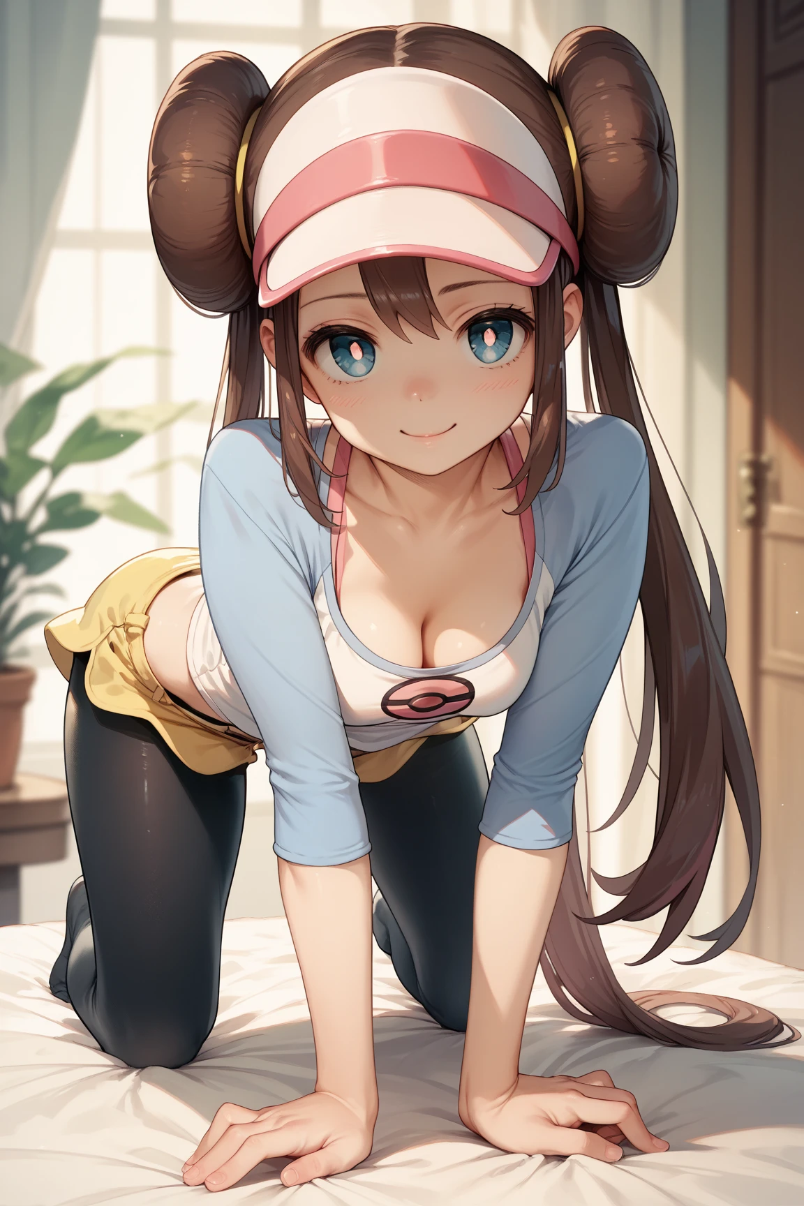 masterpiece, best quality, highres, ro1, hair bun, blue eyes, twintails, visor cap, super micro bikini, pink bow, wristwatch, standing, leaning forward, gym, happy, brush,((Areola)), spread legs, child, small girl, kawaii, armpits, cameltoe,