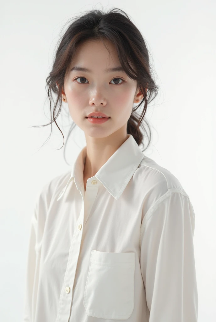 white background, medium hair, layerd black hair, white shirt