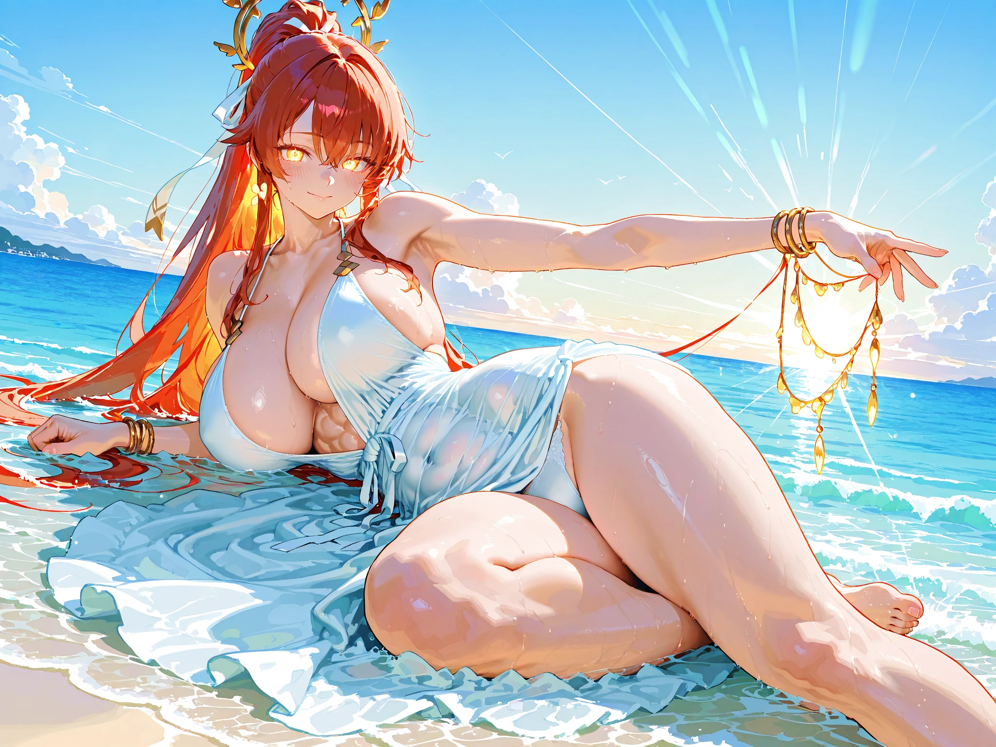 Gradient eyes, anime big breast, god light, hyper HD, Super detail, High details, High quality,swim wears,Ark of tomorrow,evening