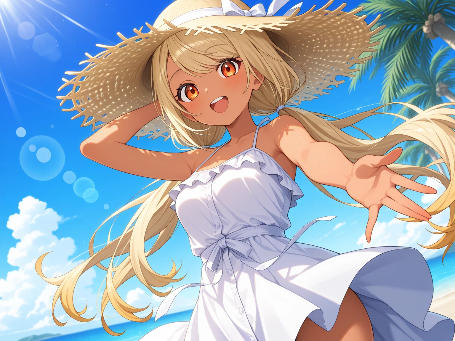 masterpiece, rich colors, Best quality, detailed, high resolution, Hyper quality, high detail, , high quality, detailing, skinny sexy girl on the beach , bright lighting , Brown eyes, Anime, palm trees, bright lighting, blonde,