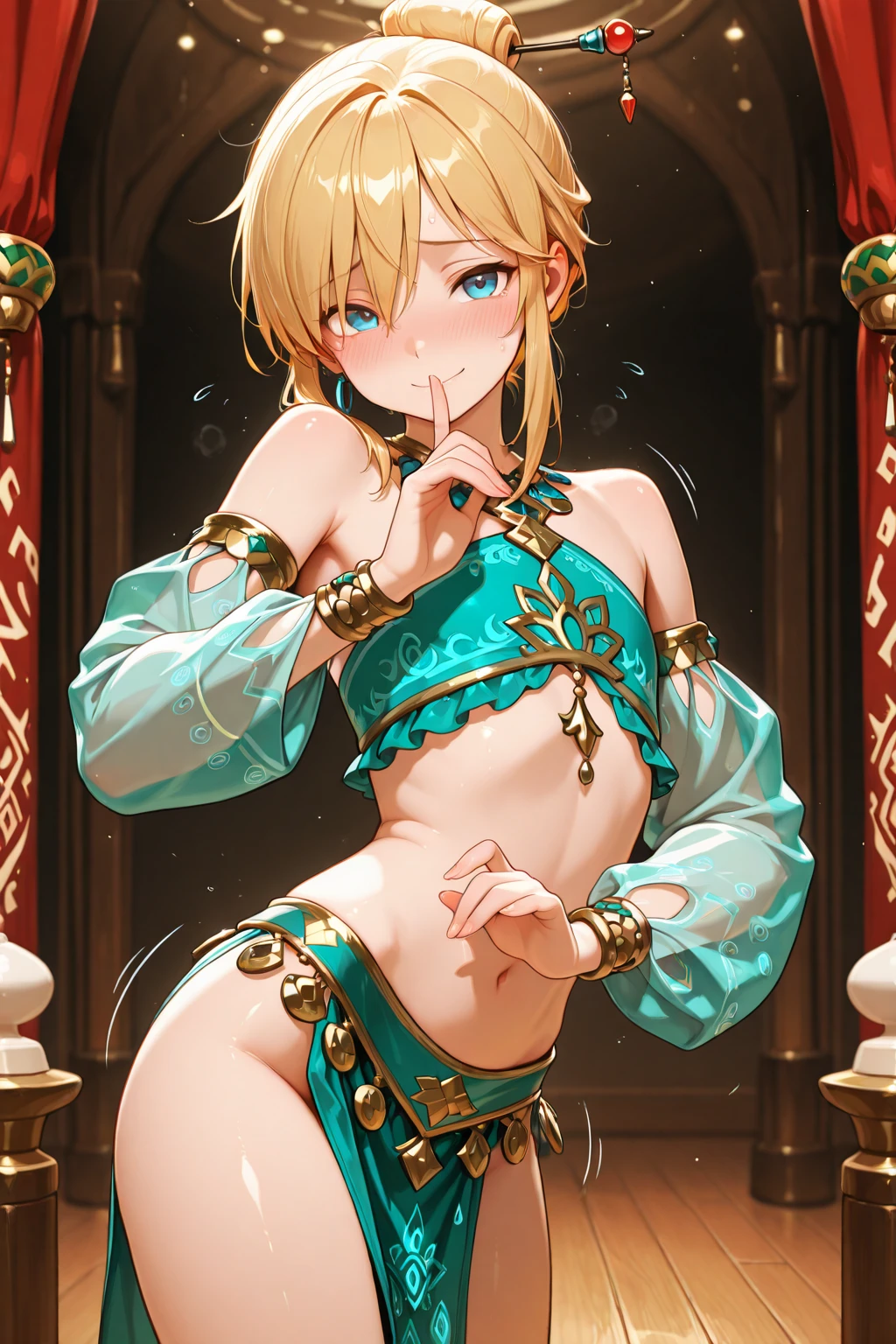 nsfw:1.5, Top quality, ultra high resolution, , (top quality, high resolution, 4K, detailed lighting, shaders, perfect anatomy, perfect proportions), eye of the beholder, (masterpiece, top quality) (top quality, 4K, 8K, high resolution, masterpiece: 1.2), highly detailed, (masterpiece: 1.3, top quality, ultra high resolution, ultra detailed), (top quality: 1.2), perfect eyes, perfect face, (top quality, 4K, 8K, high resolution, masterpiece: 1.2), highly detailed, (top quality, 4K, 8K, high resolution, masterpiece: 1.5), masterpiece, top quality, ultra detailed, top quality, high resolution, 32K CG, very delicate and beautiful, illustration, high resolution, sharp focus, 1 person, very beautiful and detailed anime face, very detailed eyes, ((masterpiece)), ((best quality)), (super detailed), ((cute)), cute, ((very detailed)), 4K, (8K), best quality, (best quality, 8K, 32k, masterpiece, super high resolution, very detailed, impressionistic:1.2), blurred background, (two arms) , (two legs), (four fingers and 1 thumb) , only one belly button, Bare shoulders.
(Beautiful woman). (Profile: 1.3). (Looking at you: 1.5). (Wedding dress: 1.3). (Bust shot: 1.4). (Belly dancer: 1.5). (Tiara: 1.4). (Aerial shot: 1.5). (Dance hall: 1.6). (Large crowd: 1.5). (Dancing with arms raised and hip swaying: 1.6). (Showcasing breasts and private parts: 1.5). (Beautiful face: 1.2). (Necklace with trimmed blonde hair: 1.5). (Shiny tanned blonde hair: 1.2). (Bridal updo: 1.3). (White choker: 1.5). (Necklace: 1.5). (Bracelet: 1.5). (Bangs swept to the side, showing forehead: 1.4). (Blue-green eyes). (Happy smile: 1.6). (Embarrassed: 1.2). (Completely naked: 1.6). (Dark skin: 1.5). (Perfect proportions: 1.6). (Small pink nipples: 1.3). (Breasts, nipples and genitals not covered: 1.7). (Full, beautiful breasts: 1.5). (Perky breasts). (Narrow waist). (Slender body). (Beautiful butt: 1.7). (Realistic facial expression: 1.4). (Realistic skin: 1.4).