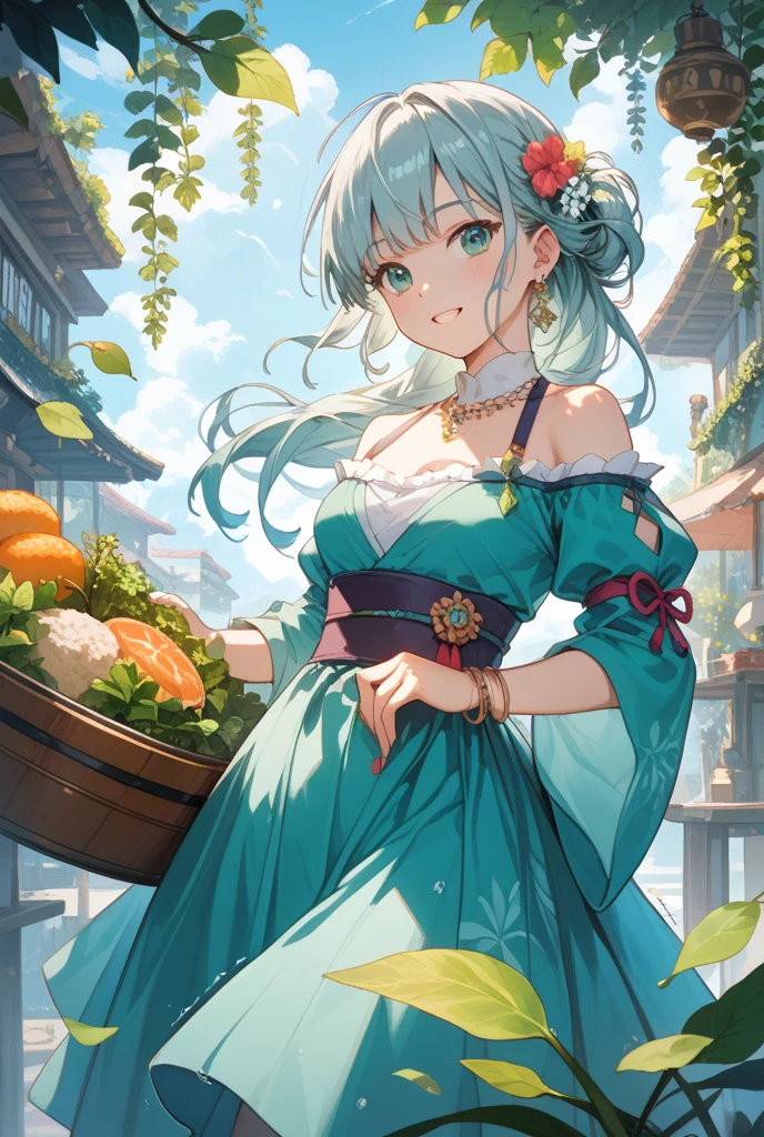 Generate an image of a 15-year-old girl with wine-red eyes and silver hair in a ponytail. She is enthusiastically hugging the viewer, with a bright and happy expression. She is dressed in a cute summer dress with floral patterns, and wearing a stylish necklace and bracelets. The setting is a bustling festival with colorful stalls, lanterns, and people enjoying the festivities. The background should be detailed and lively, reflecting the joyful and energetic mood. Ensure the image is a masterpiece with best quality and very delicate details.