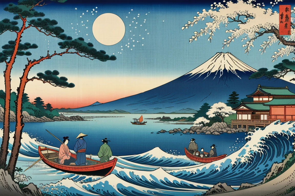 famous ukiyo-e prints, Part of the "Thirty-six Views of Mount Fuji" Katsushika Hokusai's series, meters. Mt. Fuji is depicted in the background, stylized、stand out, Traditional Japanese boat drawn in the foreground, Fishermen are on a boat, Paddling strong blue waves, trees 々tiny house々Coastline,  clear, lively scene, Natural outdoor setting, harmonious blue color palette with fireworks, green, cream,  Traditional Japanese art style , Historical、Culture scene 　花火が出ている　Make it a night landscape