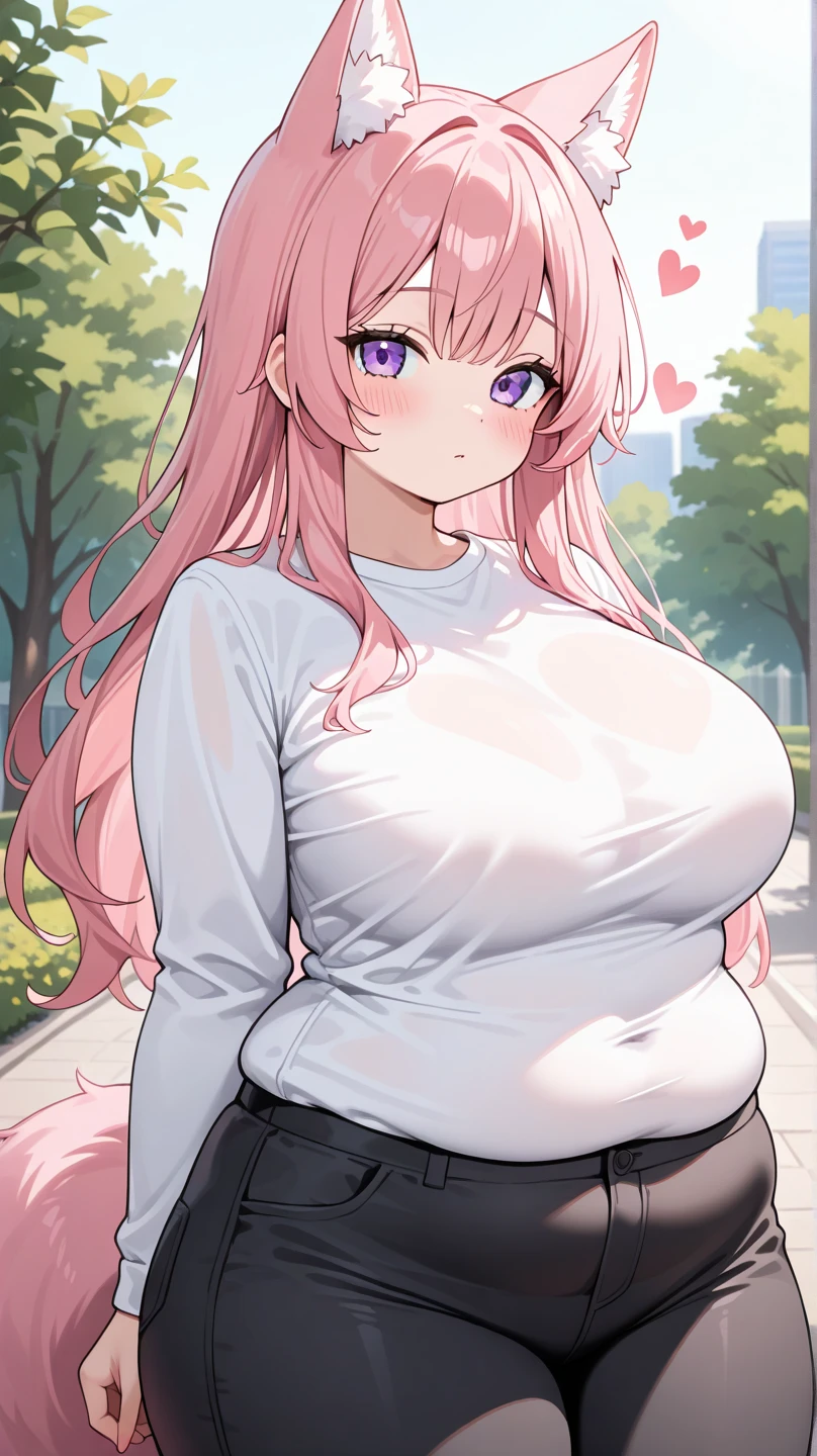 (masterpiece), best quality, (gentle smile), rabbit girl, (rabbit ears:1.2), (long pastel pink hair:1.2), (hair bangs), (hair hiding ears), (hazel eyes:1.2), (fluffy rabbit tail), (wearing modern clothing), (soft smile), city background