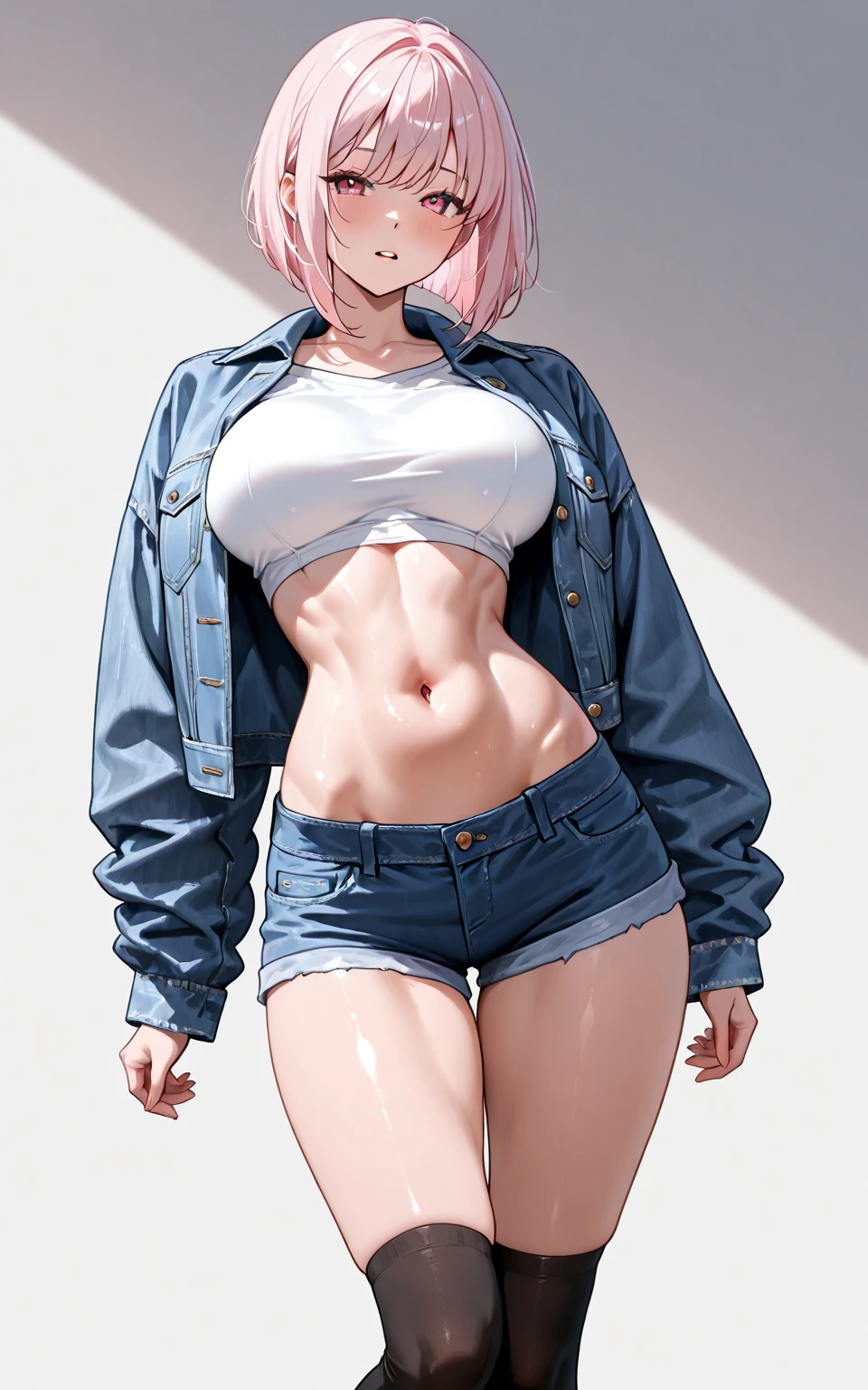 gorgeous pink haired woman, ragged white tank-top, underboob, cutoff blue jeans hotpants, magenta thong