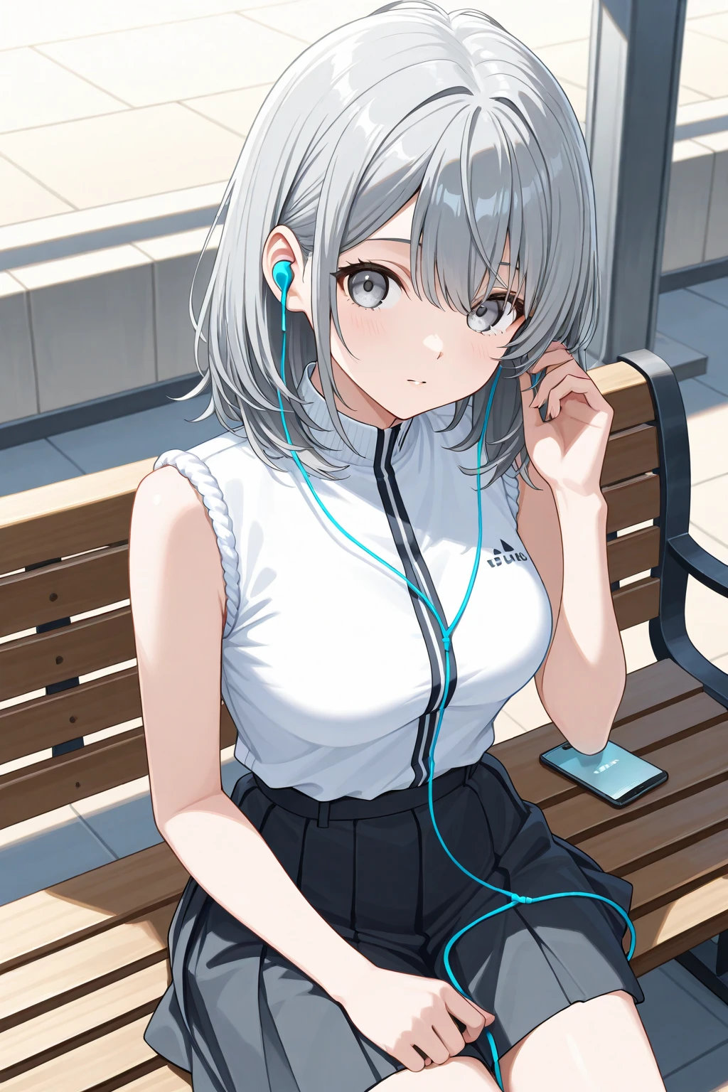 ((Top Quality)), ((Masterpiece)), ((Detail)), perfect face, perfect body, wearing headphones, wearing tight clothes, wearing short clothes, listening to music, sitting on a bench, park background