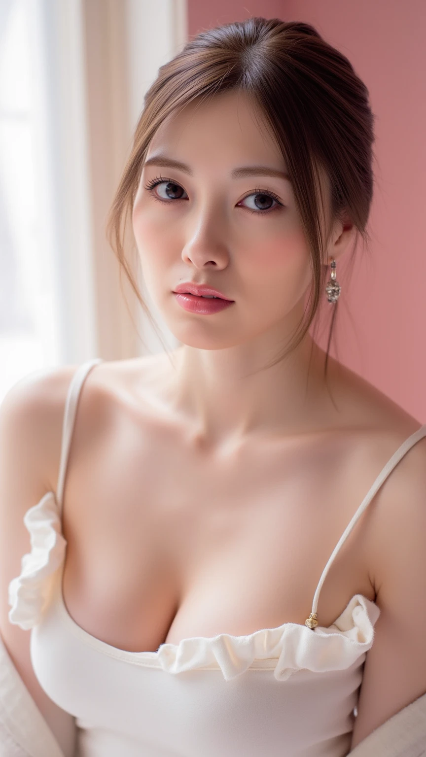 (highest quality, 4K, masterpiece :1.3), Sharp focus, Shallow depth of field, Bright colors, Professional level,
(Wet, Wet body :1.2),
((Your breasts are beautiful, Are you without a bra??:1.2)),
((You can come closer and kiss me?,You can touch my breasts?:1.2)),
((You're a good kisser, I want to kiss you more, May I hold you??:1.2)),
((Sexy atmosphere, hold out your lips, Disheveled Hair, A sigh escapes)),
((Luxury Love Hotel, Taking a bath together and making love, Complete darkness, lamp, Underwear strings come undone, Start taking off your clothes:1.4)),
20-year-old, Beautiful Faces of Japan,
Flexible body :1.3, Model Body Type:1.5, Perfect Style:1.4,
Narrow shoulders, Beautiful clavicle, Long, slender legs, The beauty of slim abs :1.2, Narrow waist :1.2,
Highly detailed skin, Fair skin, Shiny skin,
Highly detailed face, Slim face contour, Beautiful small face, Beautiful nose,
Highly detailed eyes, Long, narrow eyes, Brown eyes, double eyelid, Beautiful thin eyebrows, fine long eyelashes,
Highly detailed lips, Fuller lips, Glossy pink lips, Blushed, Beautiful Teeth,
Beautiful actress'Fatigue Make-up, Pink lipstick, (necklace, Earrings),
Dark brown hair, Delicate and soft hair,
(Put your hair up, Medium Long Hair, ponytail:1.2), Layered Cut, (Blunt bangs:1.2),
(Dress in trendy fashion:1.2),
A kind smile, Mouth half open, A dreamy look, Looking into the camera,
(stylish looking Earrings,necklace,bracelet,gyuru,shiny nail art:1.2),
(((Photorealism,Shooting the whole body from the thighs))), ((Body leans forward)),
Dynamic Lighting,
((She's coming out of her knitted sweater:1.4)),
Beautiful areola on the breast:1.2,
I'Put your hand in your crotch:1.2,
(Perfect breast shape, Flat Chest:1.2),
(She has a cute plump ass, I's thighs are dazzling),