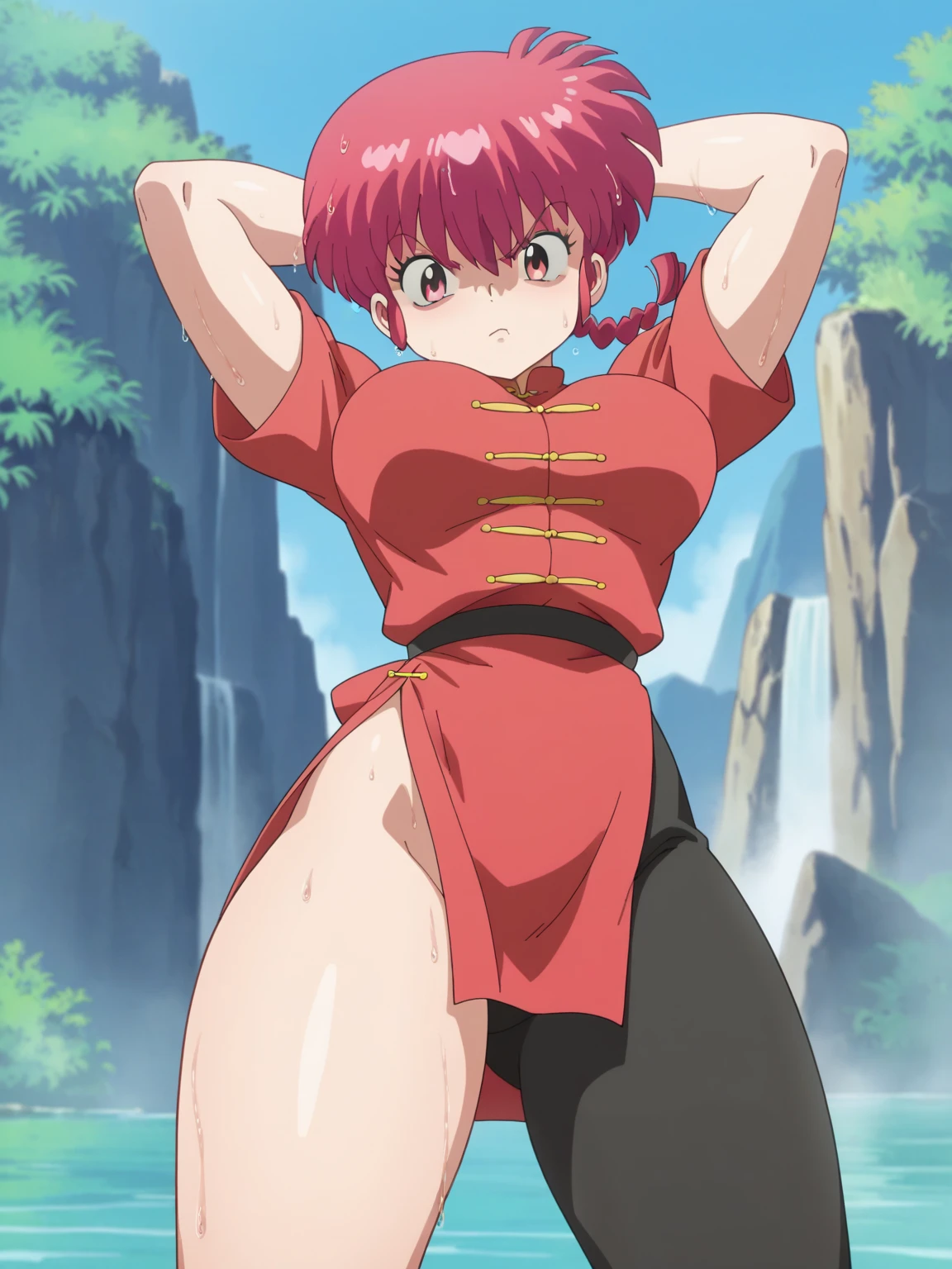 masterpiece, best quality, beautiful art, high resolution, well formed hands, body and fingers, 1 woman, solo, Karin Maaka, grown up, adult, big breasted, cleavage, full body, hair ribbon , cosplaying as Mai Shiranui, gorgeous hips, legs and thighs, ryona , in peril, she is being beaten up by her opponent, she is knocked down and she is slapped in the face and being slammed against the floor, receiving the impact of her opponent's attacks, closed eyes, screaming in pain and agony, ryona and perilous scene, bouncing breasts, weak and helpless, martial arts tournament on the beach