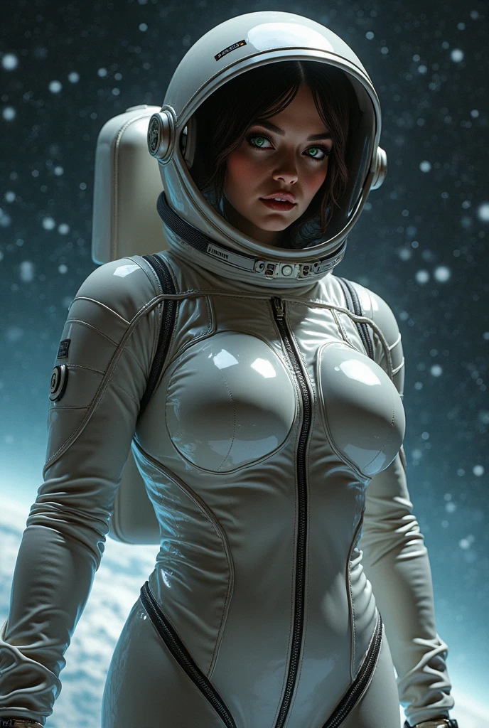 Gorgeous and sultry busty athletic (thin) brunette astronaut with sharp facial features wearing victory curls, white space suit, space helmet, spacesuit, bodysuit, ray gun, jetpack, spaceship, 1960's, space, lunar surface, moon, earth rise, Earthrise, space, stars