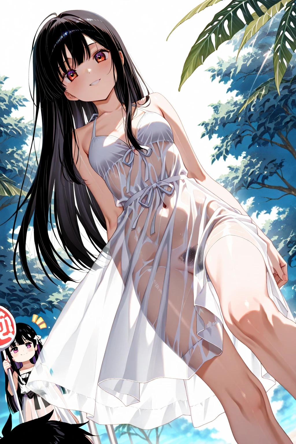 best quality,masterpiece,1girl,solo,(((NSFW))),(((9years old))),japanese girl,an extremely cute and beautiful girl,highly detailed beautiful face and eyes,petit,cute face,lovely face,baby face,shy smile,show teeth,black hair,medium long hair,Hairless pussy,flat chest,skinny,slender,(((wearing a wet transparent white mini pyjama dress))),(((standing in rainforest garden))),she is looking at the viewer,hands lift up dress,(upskirt above the waist:1.1),(no panties:1.1),(legs spread wide:1.1),(no bra:1.1)