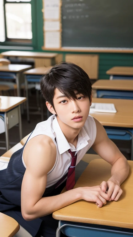 One boy、Beautiful Boy、18-year-old、Japanese Boy、Beautiful Boy、Black Hair、classroom、White underwear、Change of clothes