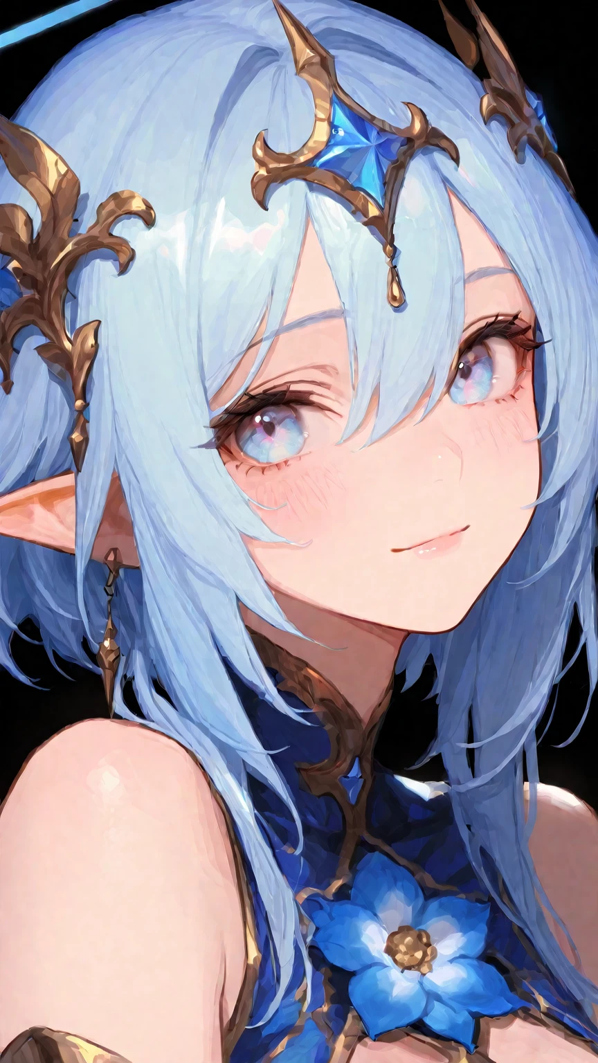 (muste piece), (best quality), very detailed eyes, expressive eyes, perfect face, very detailed face, highly detailed face, beautiful girl, 8K, beautiful girl, white background, delicate and beautiful face and eyes, dark intense shadow, 
1 girl, vtuber style, cool girl, hololive, Yukihana Lamy, Elf ears, blue hair, heart ahoge, see-through:evening dress, big chest, cropped shoulders, clavicle, one eye close winking, smile, (full body), standing,
