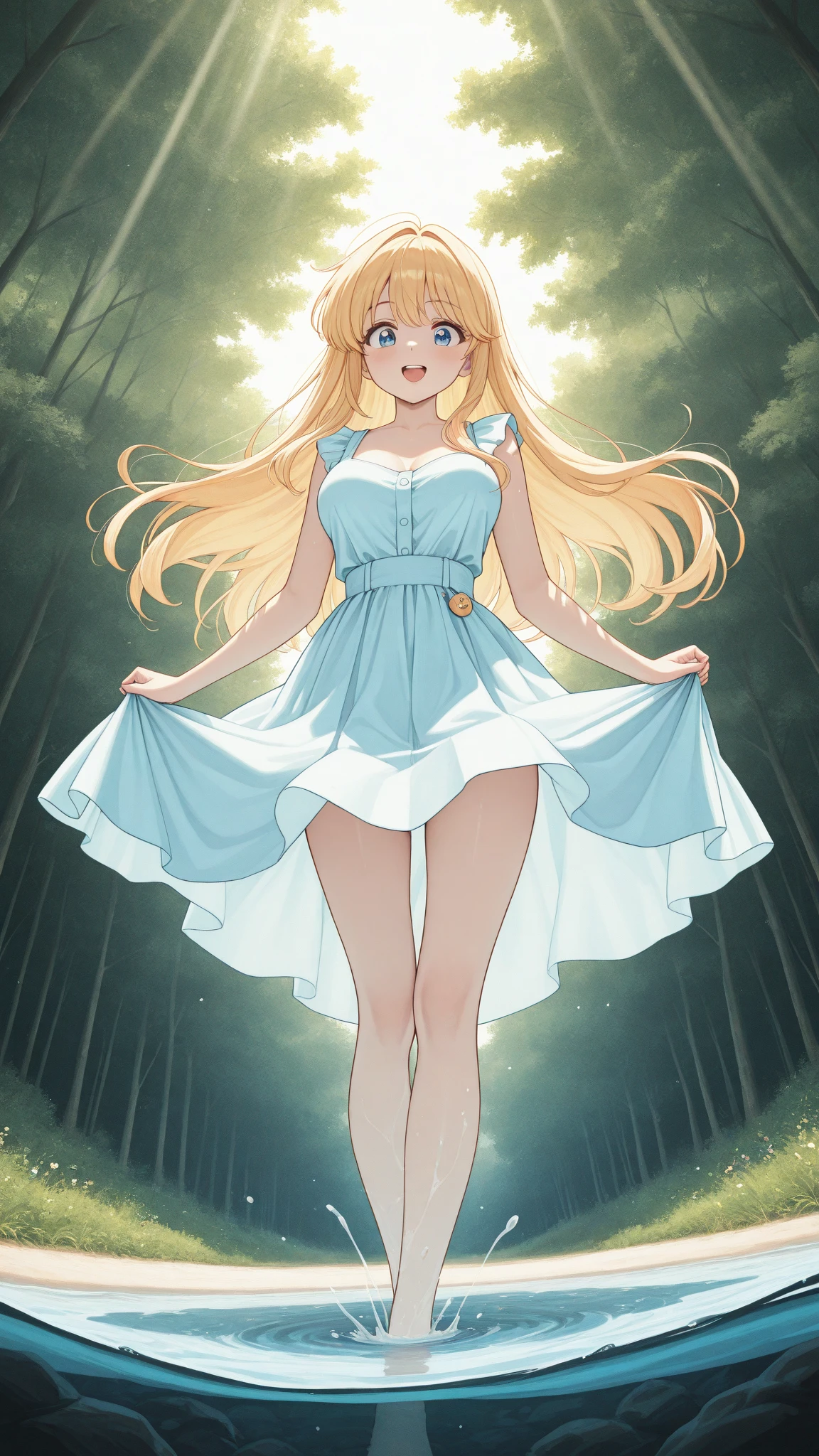 best quality, (masterpiece),(ultra-detailed), (high quality), (high resolution), (2heads:1.5) blonde long hair, medium breasts, cleavage, white skirt , full body,best quality:1.5, highres, UHD, 4K), smiling, ((white sleeveless dress)), wearing white heeled shoes, lake background, ((full body)), detailed blue eyes, (mature woman), casual dress