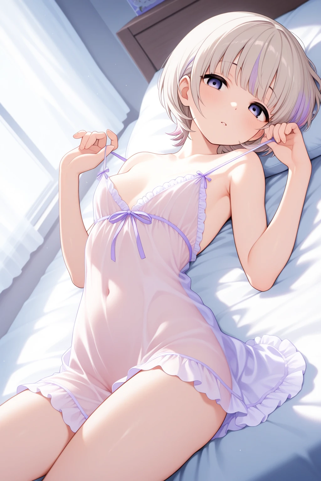 ((Highest quality)), ((masterpiece)), (detailed), A large amount:1.2),extremely detailed cute anime face, (((Flat Chest))), (Flat Chest:1.1),((((Short Bob Hair)))),Complex eyes,beautiful detailed eyes,Symmetrical eyes,(((detailed face))),beautiful detailed lips, If you look at this, (((Embarrassing))),(emotional expression),(My heart is pounding with anticipation.), A translucent white dress reveals her skin、String panties,One hand in front of mouth in the Faraday sign,Filling condoms,Have a used condom,Sitting on the bed,White liquid spills from mouth,White liquid dripping from hands,Ultra Wide Angle