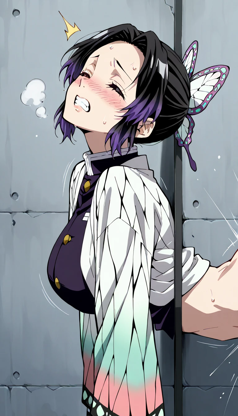 nsfw,1 male,Sweat,White Breath,(Cleavage voyeur),Prone,room,((Big Breasts)),Side view,dorsal position,Ahegao,Instant 2 frames,Demon slayer,Shinobu Kocho