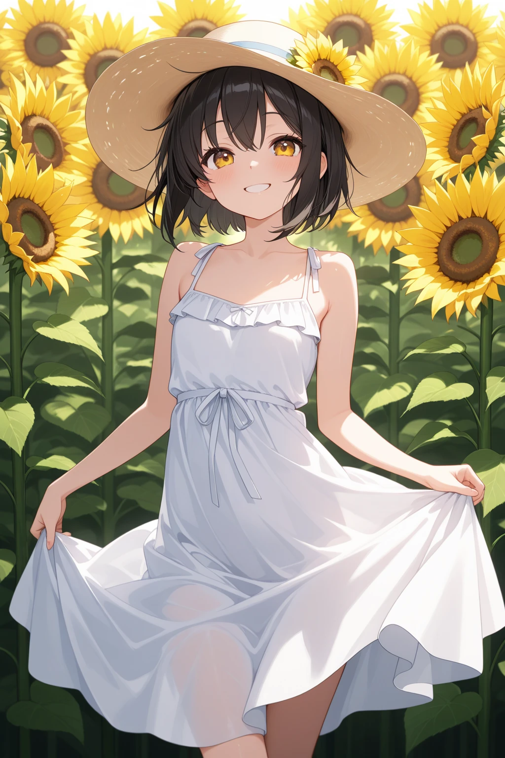 ultra-detailed,masterpiece,best quality,1girl,petite,white frilled onepiece,smile,open mouth,small breasts,closed eyes,sunflower garden .strawhat,flare,sunset,outdoor,strong wind,blush<lora:add_detail:1.5> <lora:Gochuumon_jouga maya:0.7>jouga maya