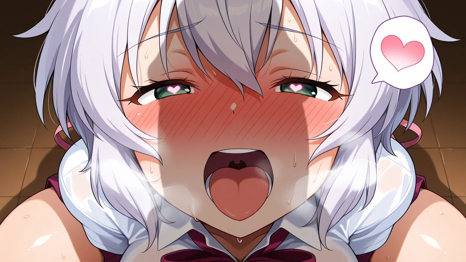 [1girl, Izumi Sagiri, eromanga sensei], beautiful detailed eyes, Blue eyes, (opened big mouth, licking, Sticky tongue), nsfw, (close-up mouth), from above, Highest quality, Super detailed, masterpiece, Ultra-high resolution, 8k, Embarrassing, blush, Lovely, (Close one eye, With tears in her eyes and her mouth open), Sticky saliva