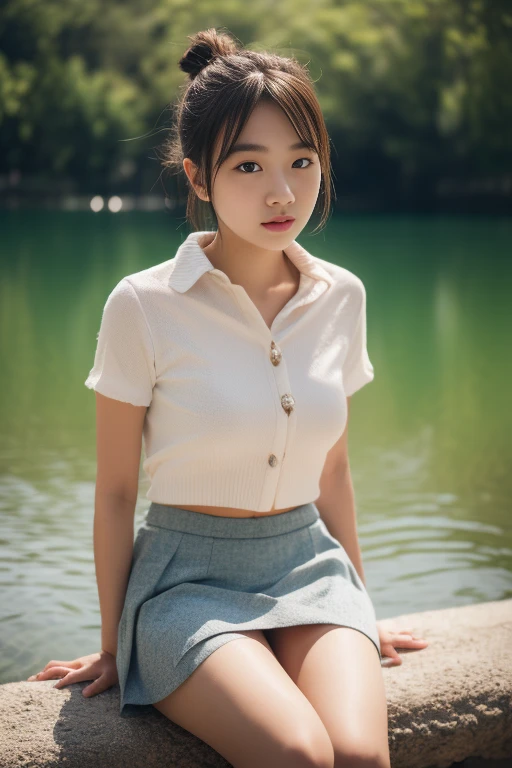 8k, Raw photo, highest quality, masterpiece:1.2), masterpiece, highest quality, figure, Very detailed, Fine details, High resolution, 8k,wallpaper, Perfect dynamic composition,(Detailed high quality, Realistic depiction of eyes:1.3)、A woman who has been  and has her hands tied、Arms wrapped around his back, hands tie behind bacｋ, Crouching by the beautiful lake、 With legs wide open、Tartan plaid pleated skirt、whole body、White panties、The whole thing faces forward、２１talent、Beauty、Well-formed face、Make your eyes even、Beautiful black hair、Has bangedium build、Well-balanced proportions、Beautiful legs、Blue Short Sleeve Blouse、Fresh face、Beautiful scenery、
