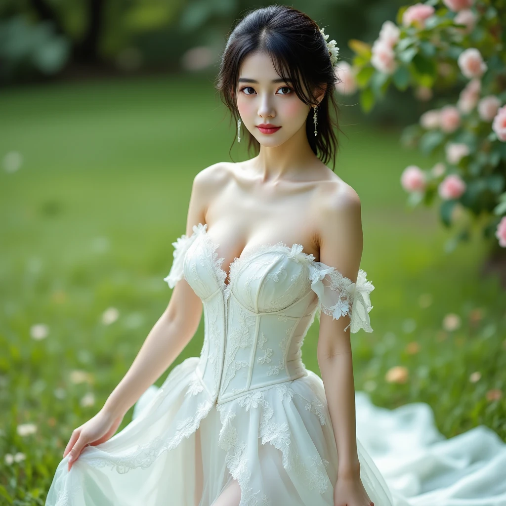 (sweat:0.7),Light yellow wedding dress,white short skirt,woman,japanese,exquisite face, beautiful face,bare shoulders,shoulders slightly exposed,translucent skin,black eyes,black hair,(photorealistic:1.4),realistic details, high resolution,bokeh,outstanding details