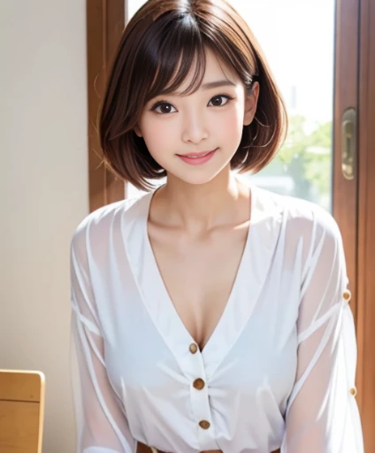 Portrait, 8k, high quality, realistic photo image, 44 yrs-. Age, Japanese woman, neat wife, housewife, natural and realistic eyes, Japanese standing, beautiful black hair, short hair, light makeup, accurate rendering, beautiful lighting, golden ratio composition, laughter, 4, Japanese woman, neat wife, housewife, natural and realistic eyes. Hair, light makeup, octane rendering, beautiful lighting, golden ratio composition, laughter, normal clothes, casual clothes, luxury city hotel, hotel room, sitting on sofa, wearing red heels, blurred background, high quality, pure Japanese style, beautiful wife, upper body, light makeup, no makeup. Makeup, neat, plain, red, purple, blue, plain, plain clothes, smiling, black eyes, background blurring.