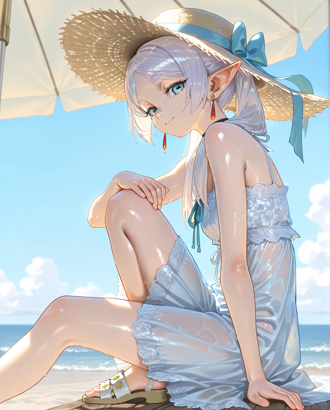 1 girl, pastel colours, brown-hair, hair up to the shoulders, elf ears, tight split swimsuit, Beach, Huge-breasts, small girl, confusion, Large thighs