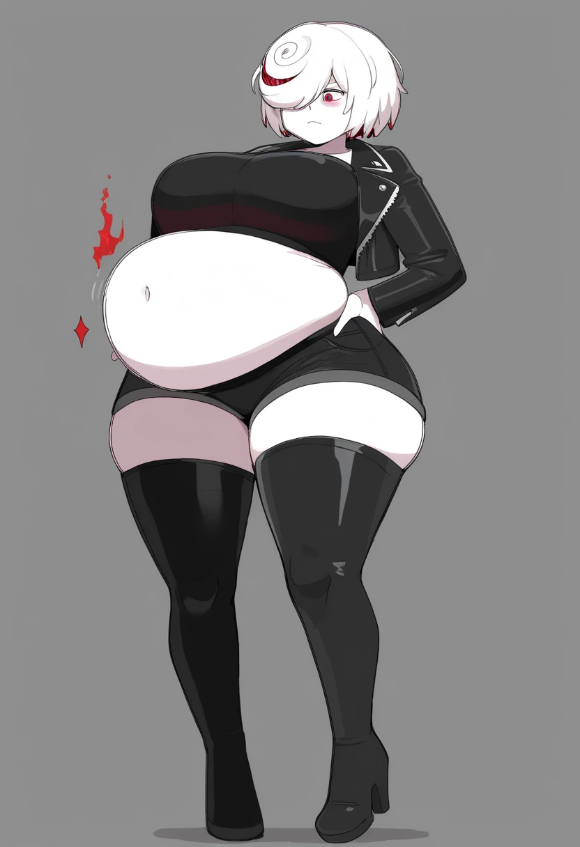 1girl, ((((bottom heavy figure)))), plump, incredibly plump, (((big belly))), pout, embarassed, wide, (((obese))), (((fat))), ((love handles)), double chin, out of shape, obese, fatty, (((flat chest))), tall woman, big height, mature, standing, full body, obese, fatty, out of shape, bbw, ssbbw, yorha no. 2 type b, black blindfold, high heels, black bikini, pantyhose, 