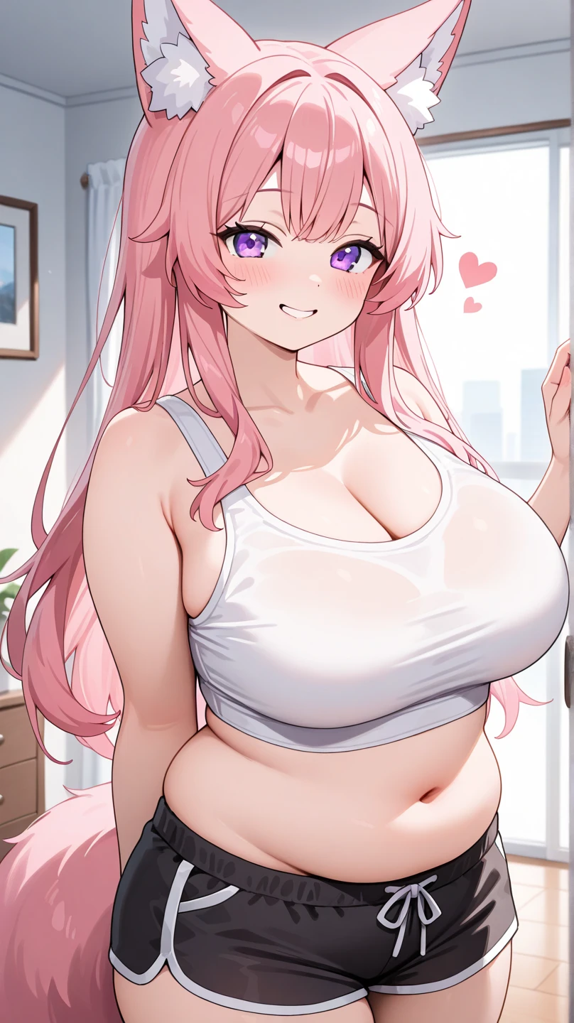 (masterpiece), best quality, (SHARP details), 4k, (big breasts), nice hips, detailed skin, (standing), deep cleavage, loose clothes, (((wearing white sweatpants))), baggy sweatpants, ((unkempt hair)), (sloppy), (disheveled wavy hair), long pink hair, ((wearing pink leopard-print tank top)), large breasts, voluptuous,wide hips, ((messy bedroom)), shortstack, short girl, (scars on wrists), heavy atmosphere, broken girl, (solo), ((messy hair)), (piercings), ((hikikimori)),