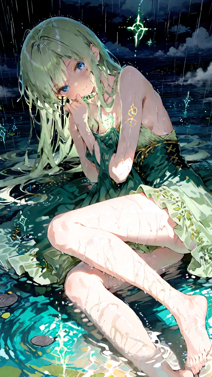 Drawing girls, Green hair, Soaking in hot springs, Transparent, Transparent and alluring, Expose perfect body. steams, Heavy fog,