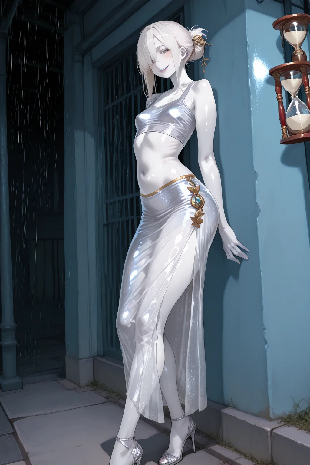 Rainy night,city,Beautiful woman with gal makeup, Beautiful portrait of a stunning goddess girl, Beautifully detailed face, Porcelain-like skin, Full Body Shot, Centered, Super soft lighting, Symmetric, Complex, elegant, Very detailed, Realistic, Art Station, Concept Art, Smooth, Trendy style