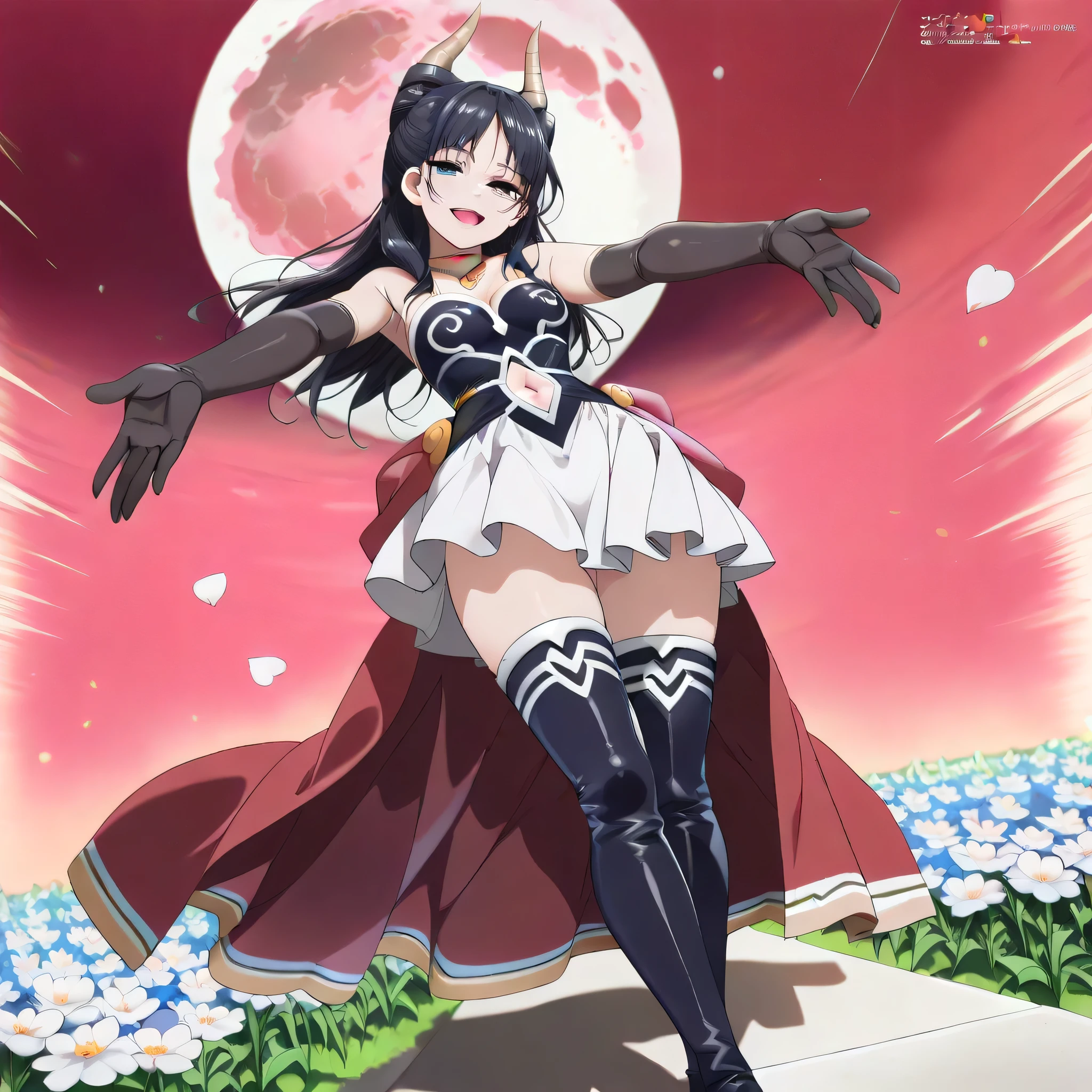 (((Masterpiece))), (((Best Quality))), ((Super Detail)), ultra-High resolution, score_9,score_8_up,score_7_up,score_6_up,score_5_up,score_4_up, BREAK, source_anime, anime screencap, uncensored, rating_explicit, Masterpiece, (best shadow), (absurdres), (detailed background), (very aesthetic), shiny, outstanding, countershading, detailed soft lighting, an exquisite animation illustration, curvy, strapless shirt, black shirt, white skirt, red waist cape, thigh boots, choker, necklace, strapless dress, elbow gloves, black gloves, navel cutout, white skirt, black thighhighs, horns, (((solo, 1girl))), hair ornament, submissive pose, seductive pose, anime style, anime coloring, animification, megami magazine, sexy pose, small breast, nemu miyao, long hair, blue eyes, black hair, hair bun, half updo, cone hair bun, smile, happy, open mouth, jewelry, sky, standing, outstretched arms, flower field, petal, moon, moonbeam, windy, scerany, dutch angle, cinematic angle, dynamic angle, speed line, foreshortening, dance, outstretched hand, tilt head, red sky, red moon, night, looking from below, view from below, from below