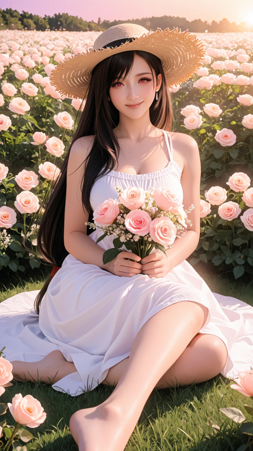 masterpiece. Pretty woman with long hair. Red hair. happy face. ((smelling a daisy)). kneeling in a ((Rose Garden:1.3)). blurred background. Dressed in a white dress of vaporous chiffon. Photorealistic, Hyperdetailed, High Quality'8K