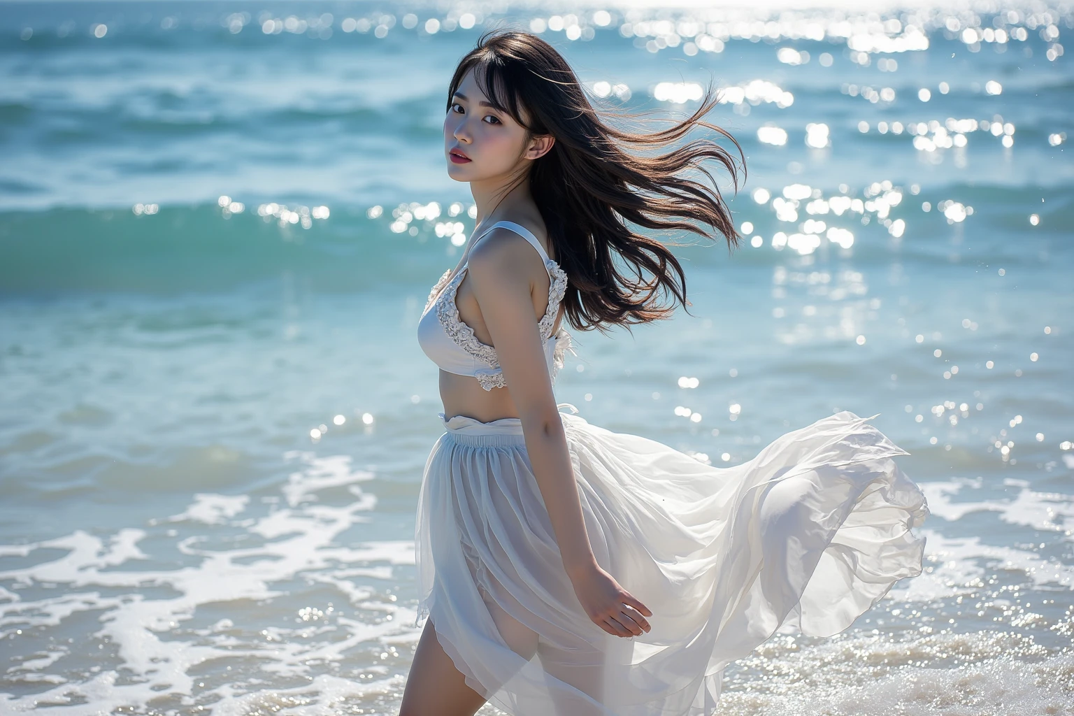 A girl in a white miniskirt poses for a photo by the sea,Only the lower body --auto