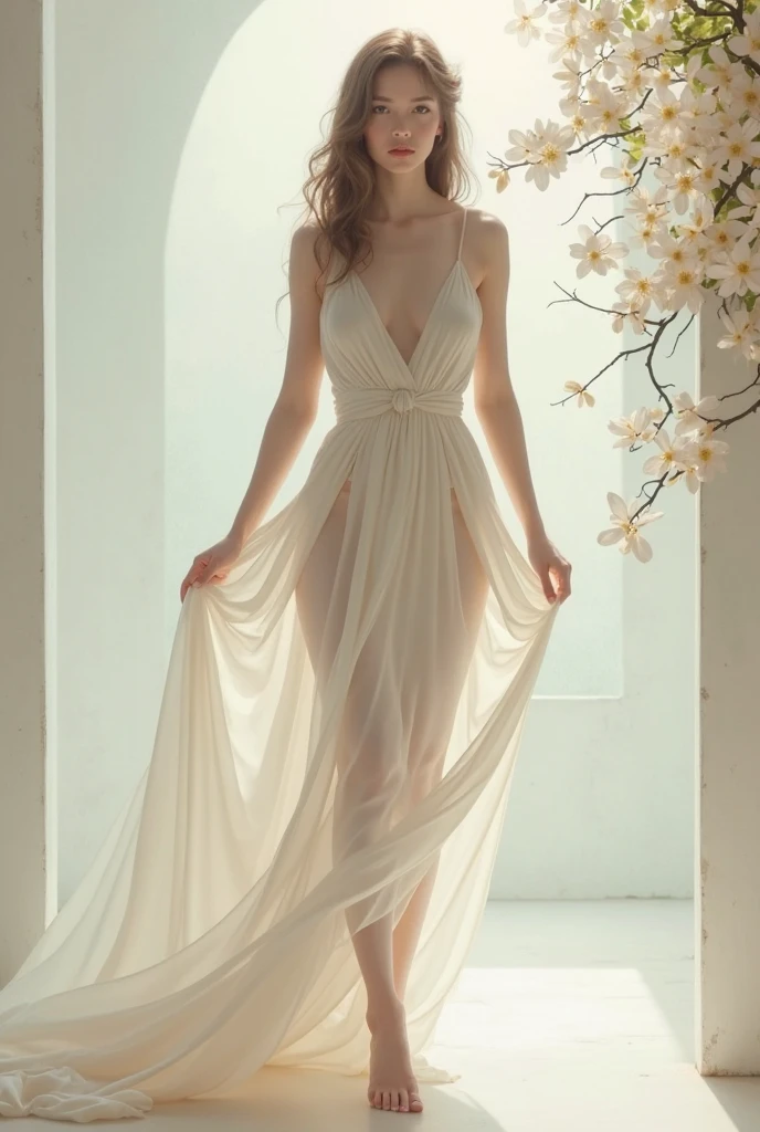 Full body of a very cute girl standing in a temple of an ancient civilization,A physically mature 15-year-old girl,glamorous,skinny,slender,Wearing a pure white see-through dress,Ultra-high resolution,masterpiece,Long eyelashes,Fine grain,double eyelid,If you look at this,Highest quality,Highest quality,Realistic,Big Breasts,Perfect proportions,Narrow waist,Perfect body,Semi-long hair,Earrings,Disheveled and unkempt hair,Light brown hair,Long legs,Functional,