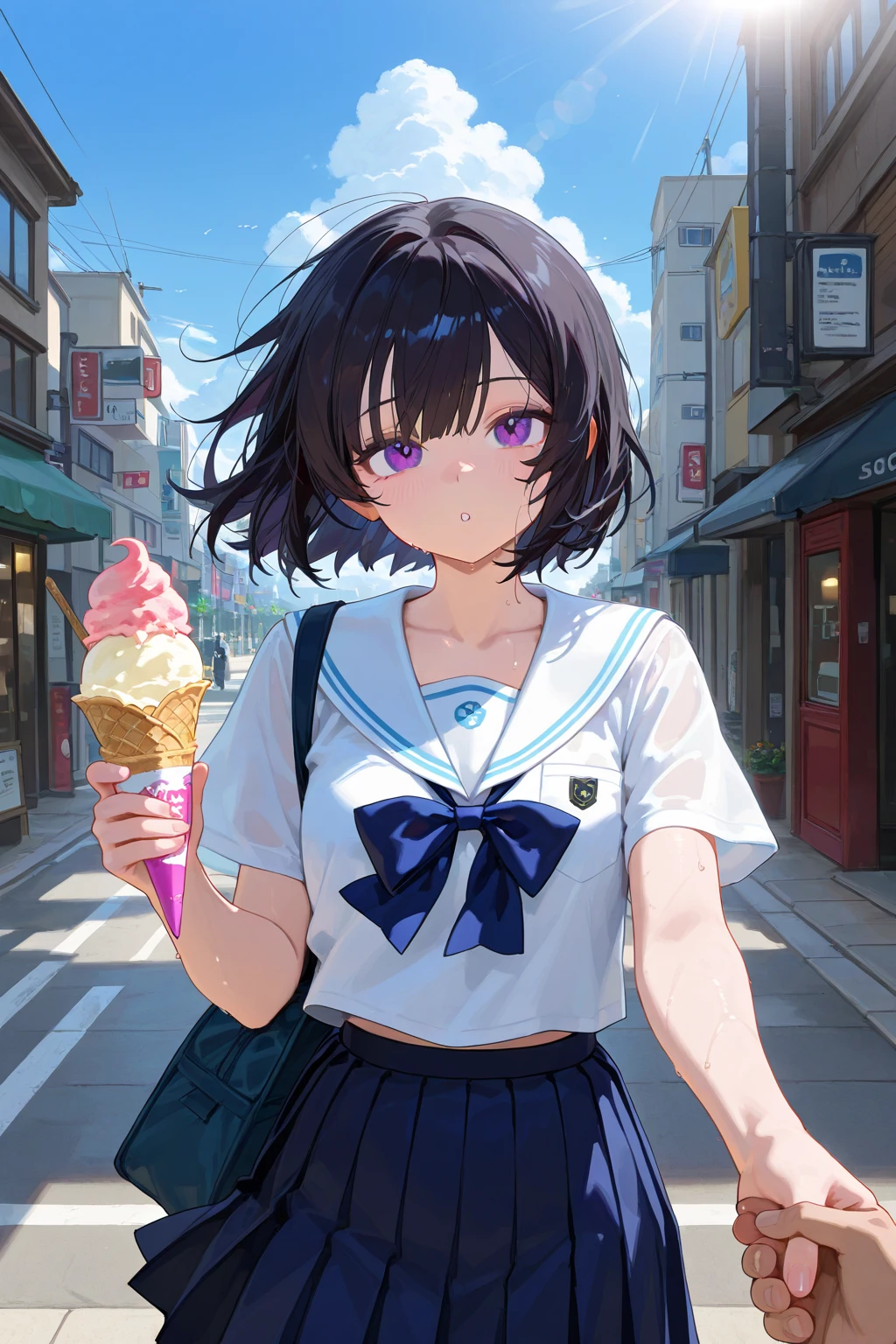 Young girl with blue hair,short straight hair and short bangs (purple eyes),, ((small bushy eyebrows)), wearing gothic lolita clothing, lolicon , medium large breast, breasts out of blouse, to school, bored look, bored face,, girl sucking penis cum bubbling out her mouth, in a street, girl giving a deepthroat blowjob to male, multiple vignettes