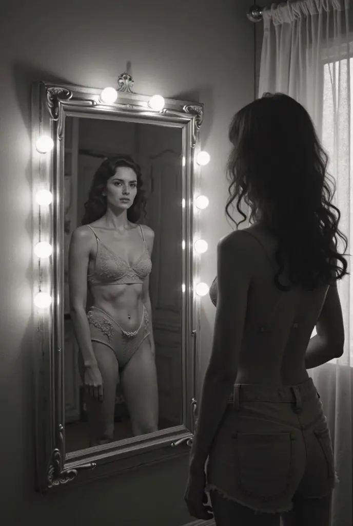 Masterpiece, photorealistic, 1930's Journalism photography, medium shot of a woman wearing black lingerie, looking at herself in the make up mirror, she is reflecting in the mirror, in the backstage of Can Can club
