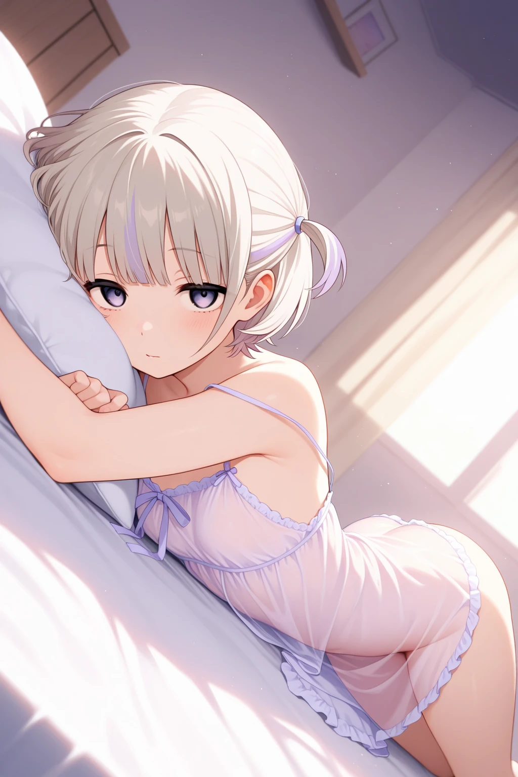 White lingerie girl tickled by feathers on bed,climaxing