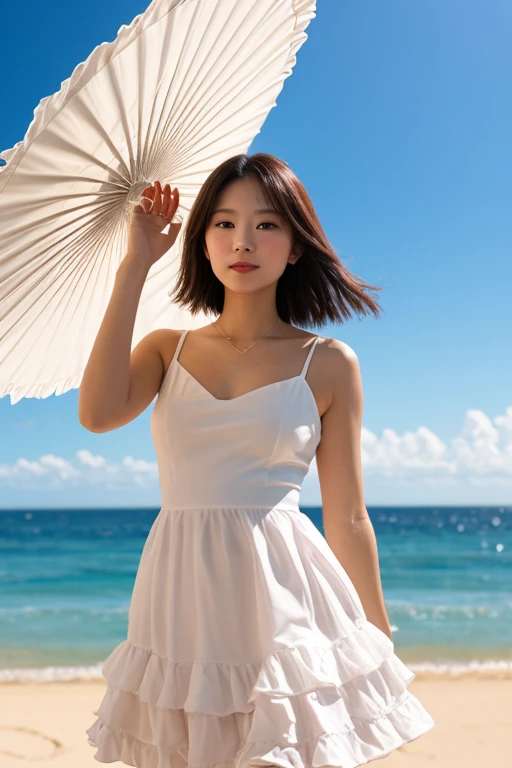 ((Top Quality)), ((8K)), ((Masterpiece: 1.3)), (Perfect Appearance), (Photorealism: 1.6), (grayscale: 1.6), (Japanese woman walking on the beach with the sunset in the background: 1.4), (sandy beach at sunset), (The sea dyed red by the sunset), (The setting sun is dazzling), (Backlit), (Mont Saint Michel can be seen in the background: 1.2), japanese woman, (48 years old), (back view), ((Standing upright, facing forward, center of screen)), ((Realistic skin texture)), (Fine wrinkles throughout the skin: 1.3), (Dull skin: 1.1), (Skin without moisture: 1.2) , (Wrinkles on the face: 0.9), (Wrinkles on the corners of the eyes: 1.2), Double eyelids, tear bags on the lower eyelids, (Crying moles: 0.9), The eyes are looking here, serious gaze, (Dimples: 1.2), smile with the corners of the mouth raised wide, straight medium length, hair fluttering in the wind, soft fabric blouse, (transparent blouse: 1.3), (Plump and glamorous body), (wide sleeves), (Cuffs that fit your wrist), (The hem of the blouse is tucked into the skirt: 1.2), (long skirt: 1.2), (Only the lips are red color: 1.4), (upper body close-up: 1.3), Angle from feet: 1.2,