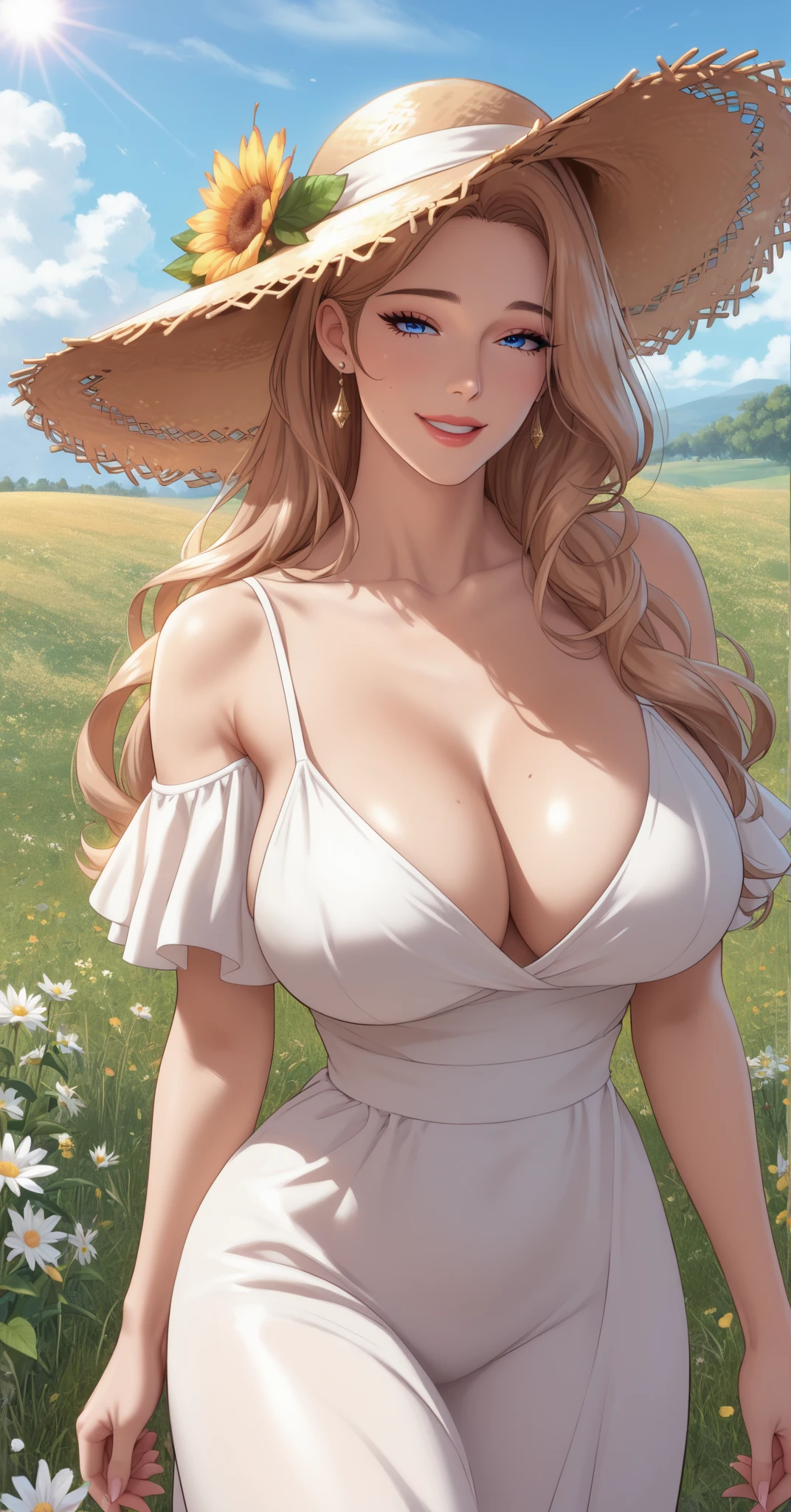 ((best quality)),  sexy, brown hair, green eyes, pretty, skimpy robes, colourful flower field, massive breasts, colours, sexy, upper body, cleavage, sunset, sexy,