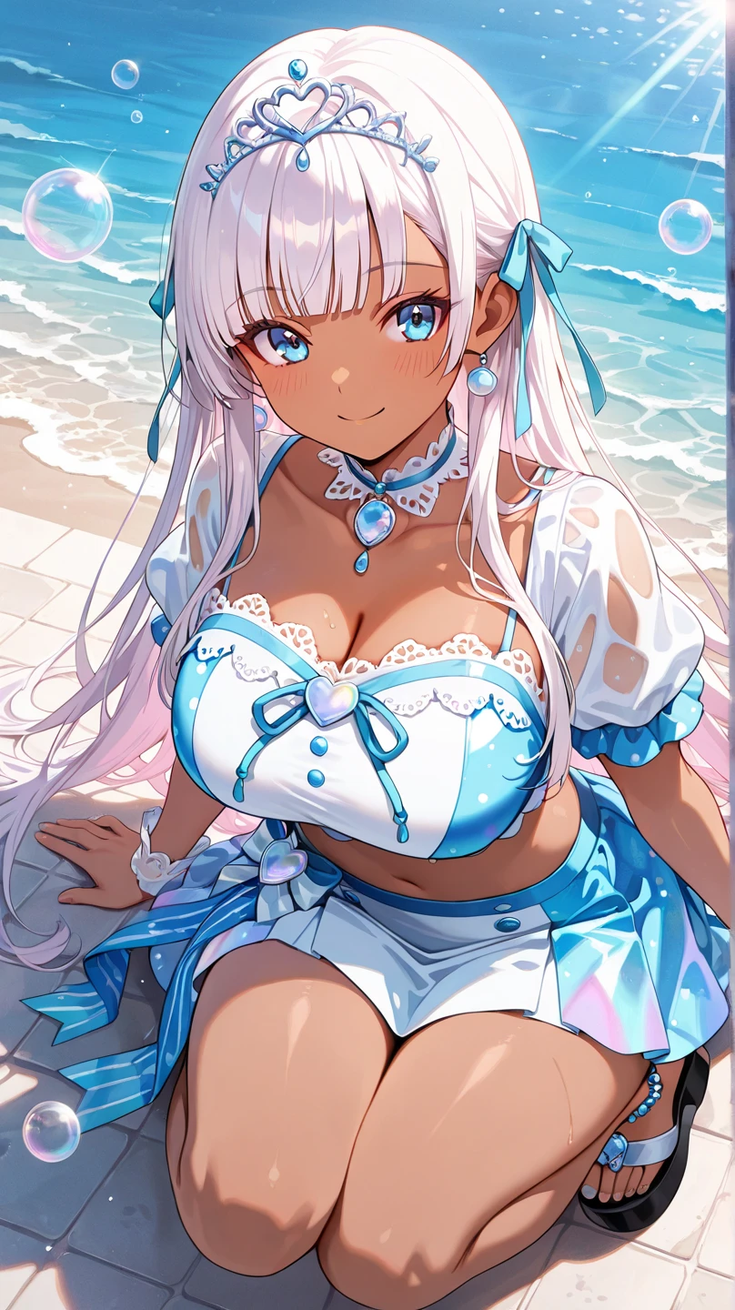Highest quality、Highest quality、masterpiece、(8K),Beauty(Age 25)、Navy blue long hair、blue eyes、Sexy Bikini(Plaid)、Big cleavage、(Big Breasts)、smile、blue necklace、Blue Earrings、background(Beach)、Please open your mouth wide、White headband、bracelet、Dynamic pose