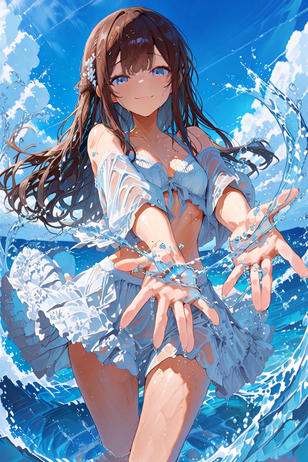 Highest quality、masterpiece、beautiful、detailed、Year: 12、Black hair twin-tailed female elementary school student、Height: 140cm、beach、Pouring sunlight、Dynamic pose、Spraying water with a water gun、Angle from below、smile、Slim figure、erectile nipples、open vagina、pussy、photoRealistic、Nendoroid