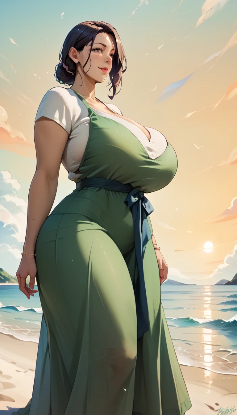 Shuten_douji_(fate)  , Gigantic breasts, thin waist, Gigantic ass, thighs, bare feet, coconut bra, grass skirt, standing, deserted islands, sea