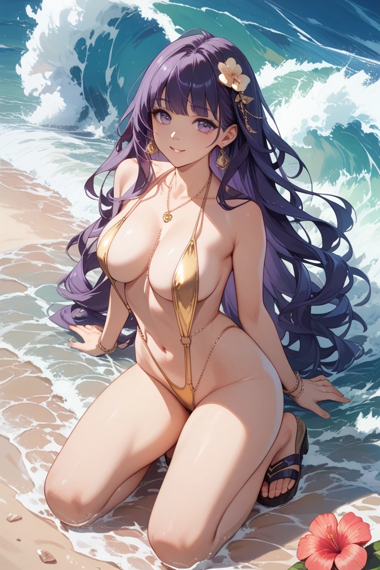Visualize an anime girl with flowing lavender-hued hair styled in loose waves, embodying the luxury of a secluded oasis. Her bikini, a masterpiece of opulence, features a gilded gold base adorned with intricate orchid-shaped embellishments. Posing in a private, flower-filled pool surrounded by golden pillars, she stands with one arm gracefully raised. The bikini has delicate gold chains and floral patterns, and her expression is one of serene allure, capturing the essence of the Gilded Orchid Oasis.