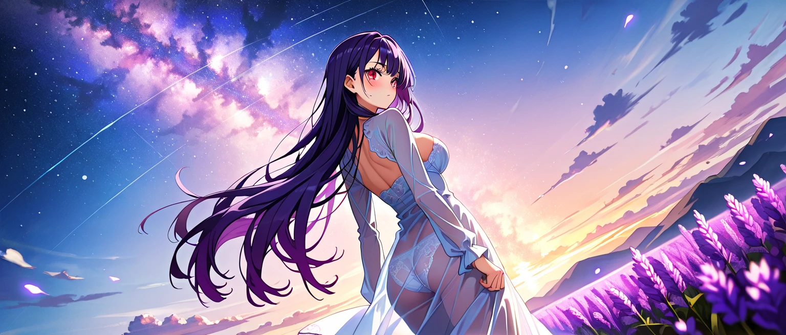 white backgrounid　tall and large breasts　Purple metallic suit　highleg　Woman with long purple hair　full bodyesbian purple mist surrounding gigantic planet background