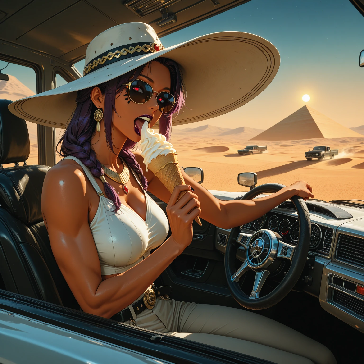 Nude woman in hijab drinking beer in car